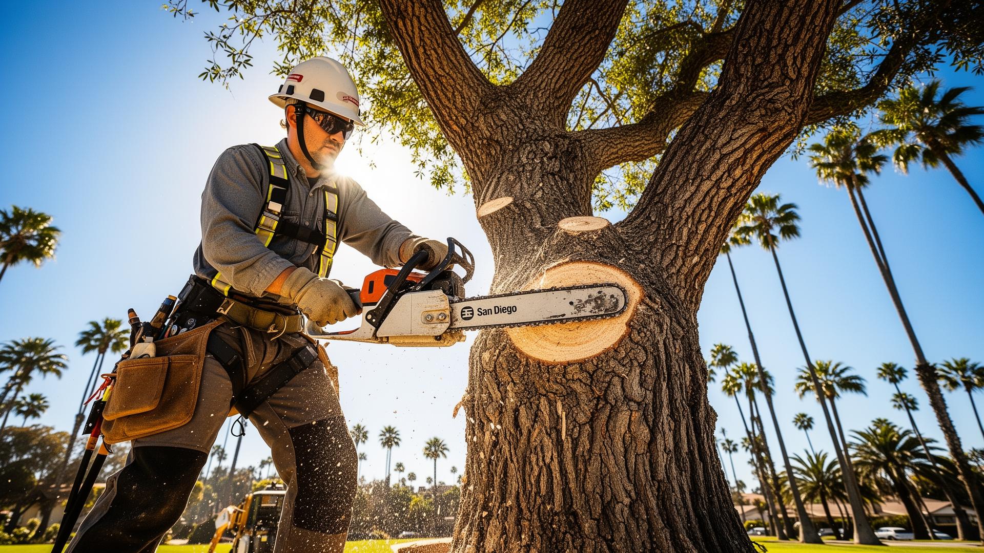 Professional tree service crew at work in San Diego County